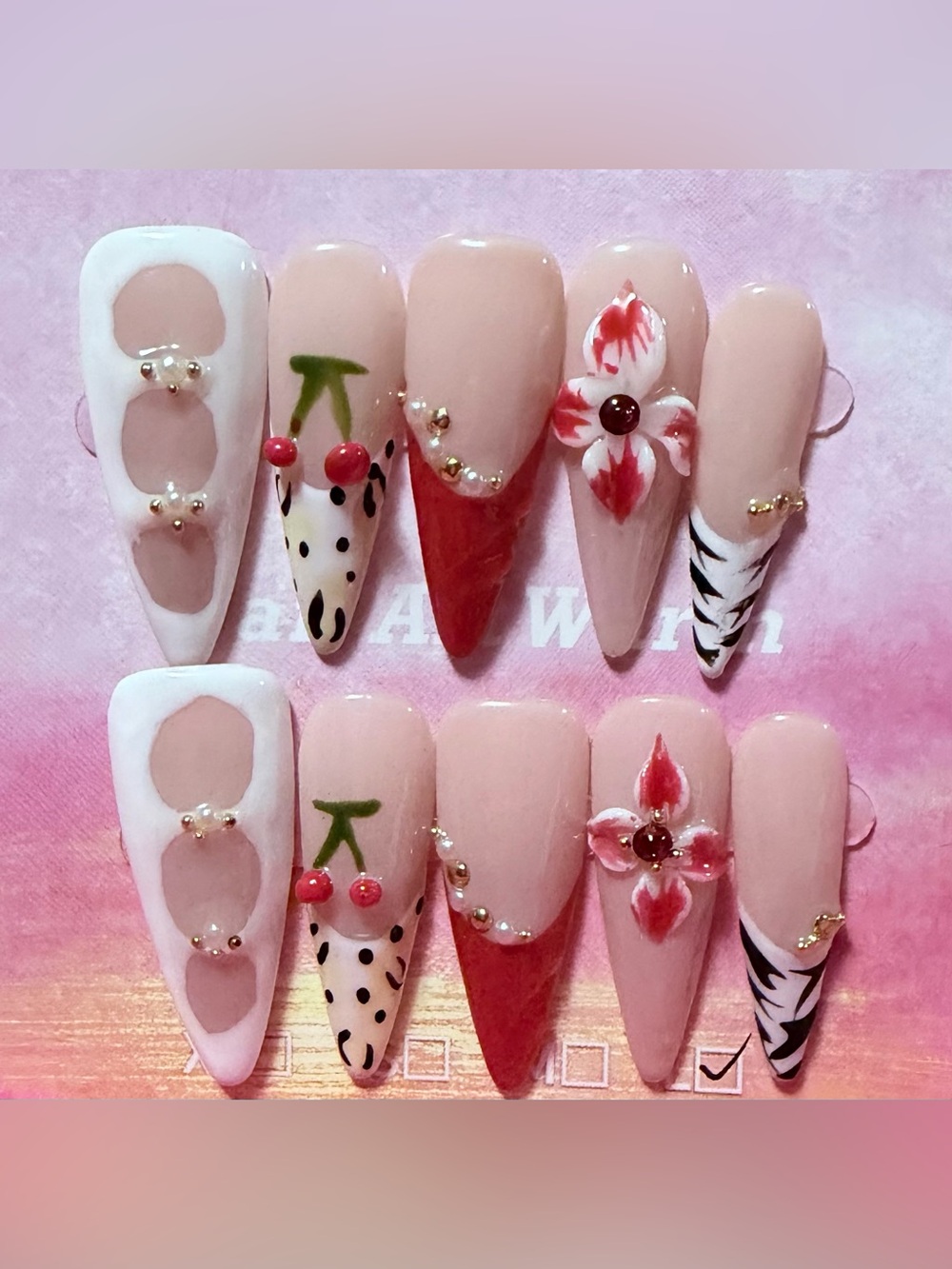 Nude Pink Cherry & Floral Press-On Nail Set
